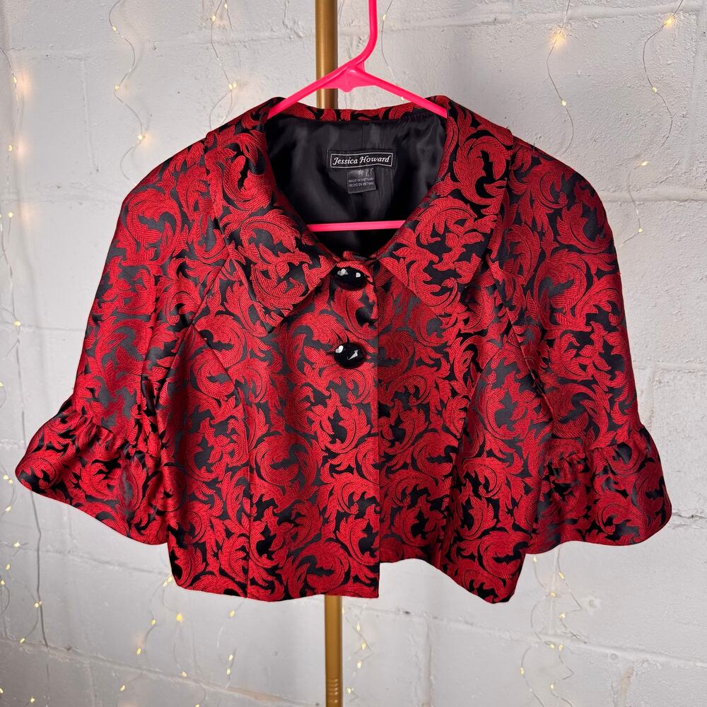 jessica howard women’s 8P red black jacquard cropped jacket ruffle sleeves